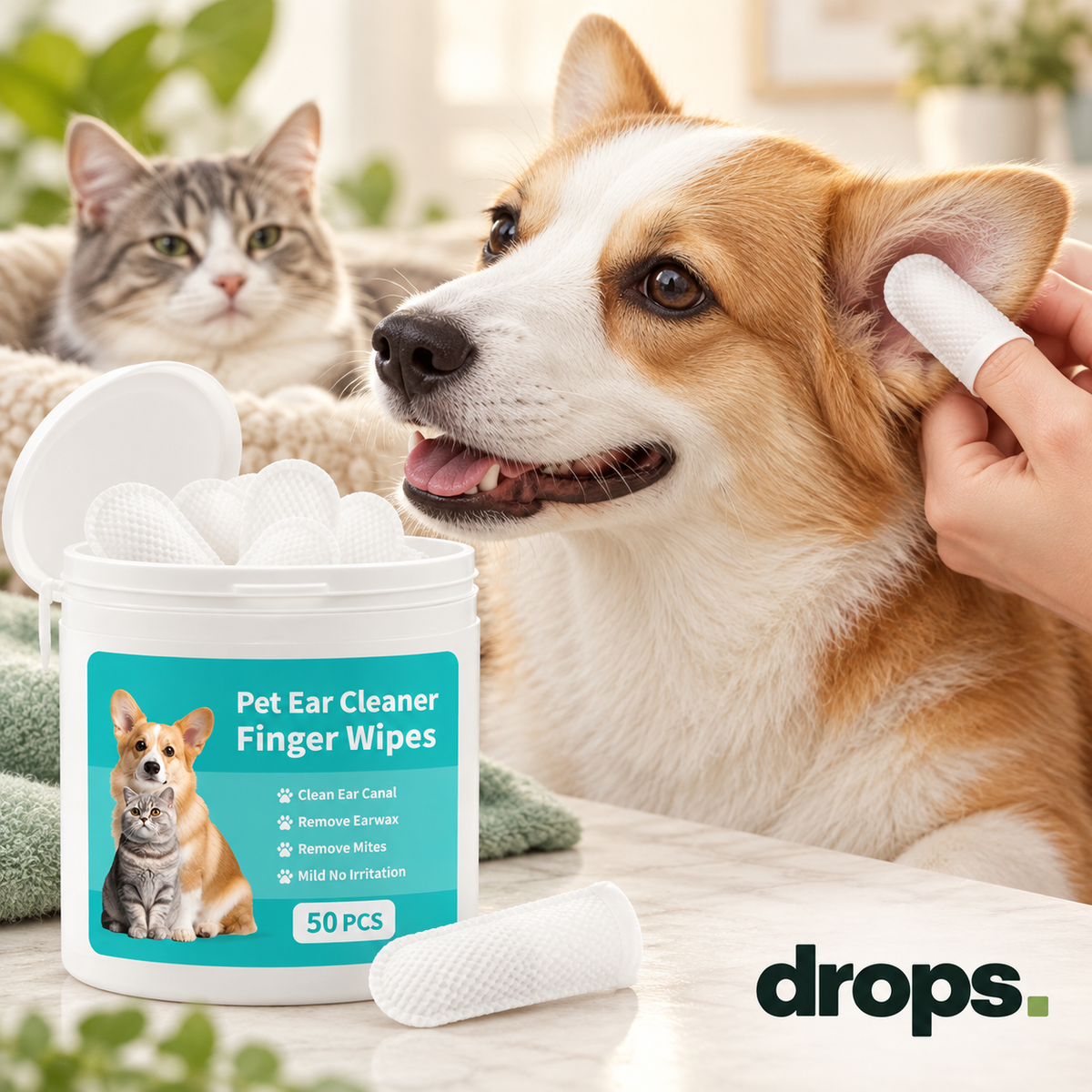 Pet Ear Cleaner Finger Wipes – 50 Pack
